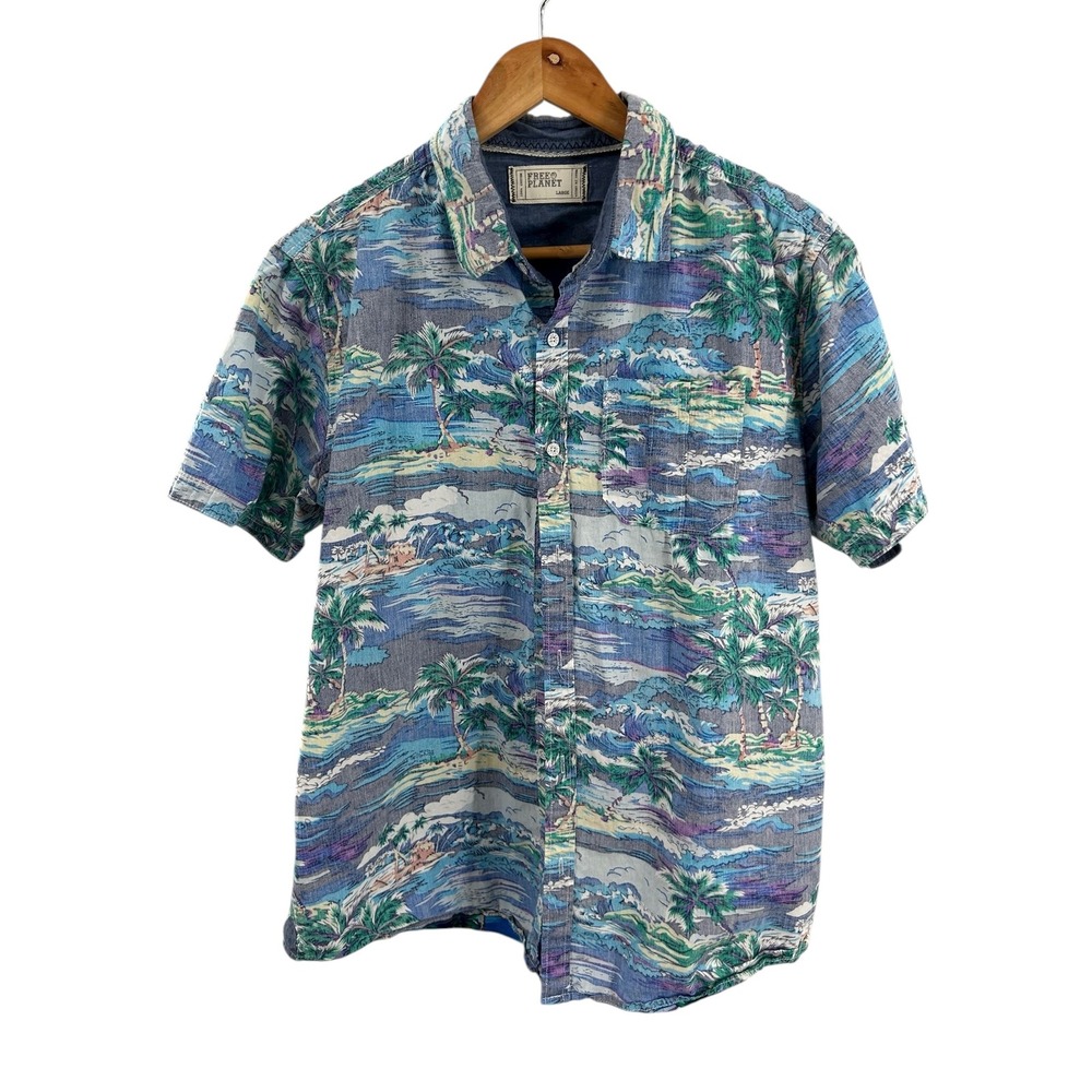 Free Planet Mens Large Tropical Palm Tree Hawaiian Aloha Short Sleeve Button up